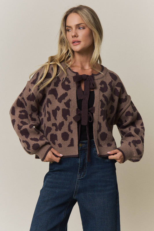 LEOPARD PRINT TIE-FRONT CARDIGAN - CESW4429