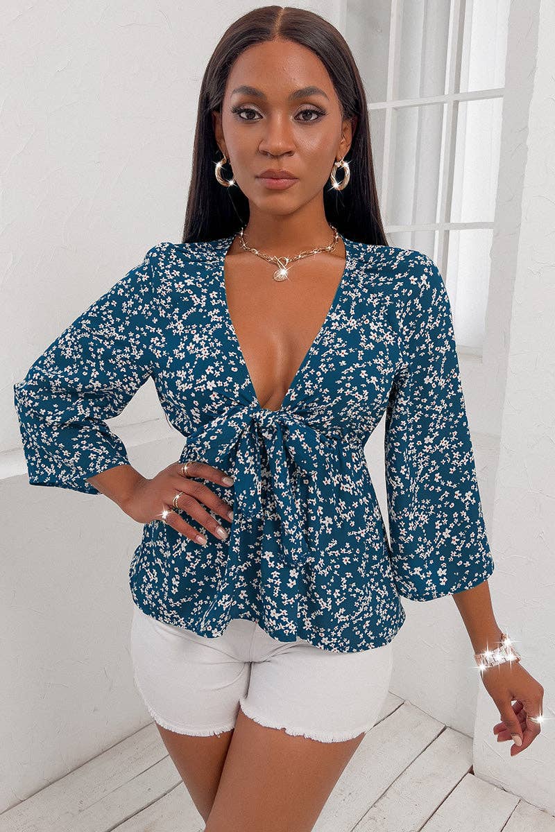 Floral Deep V Neck Long Sleeve Waist Tie Blouse