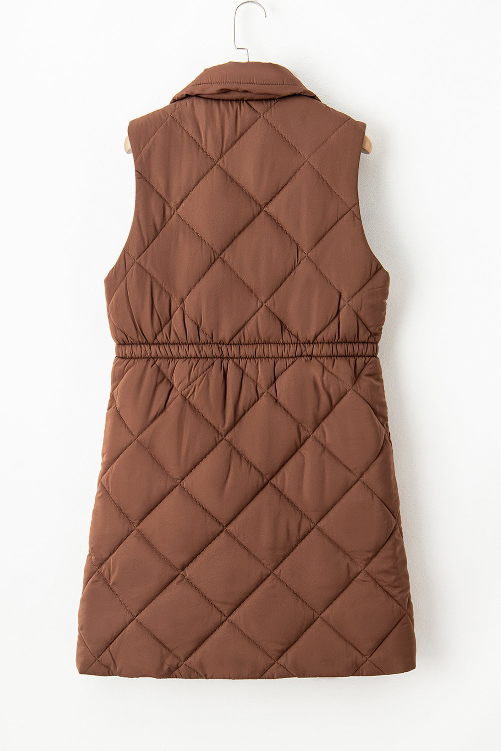 Coffee Puffer Quilted Stand Collar Pocketed Vest Coat