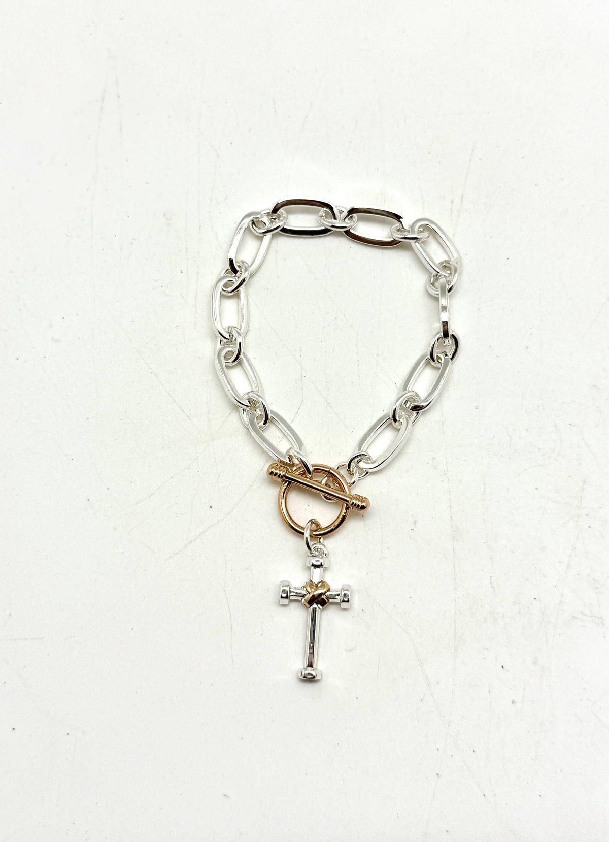 Bracelet Alloy Plated Silver Chain w/Gld Toggle, MM Cross