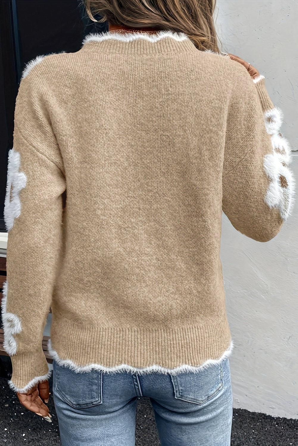 Smoke Gray Jacquard Floral Scallop V-neck Sweater