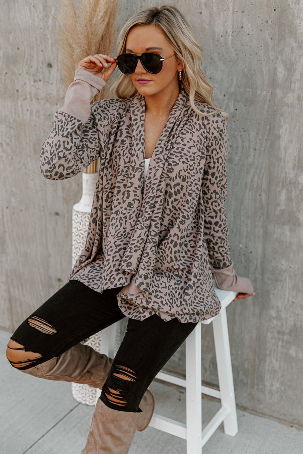 Long Cardigan Cheetah Print Cowl Neck Open Front