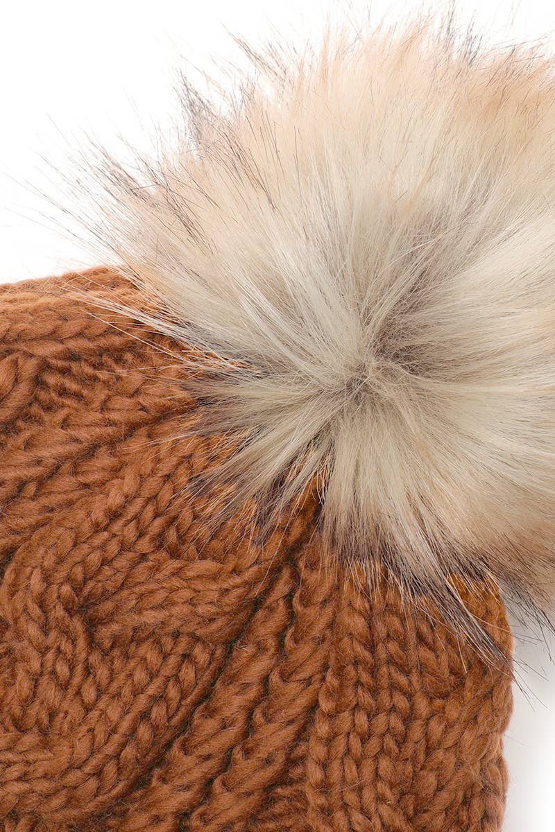 Women's Faux Fur Pom Beanie Hat with Sherpa Lining