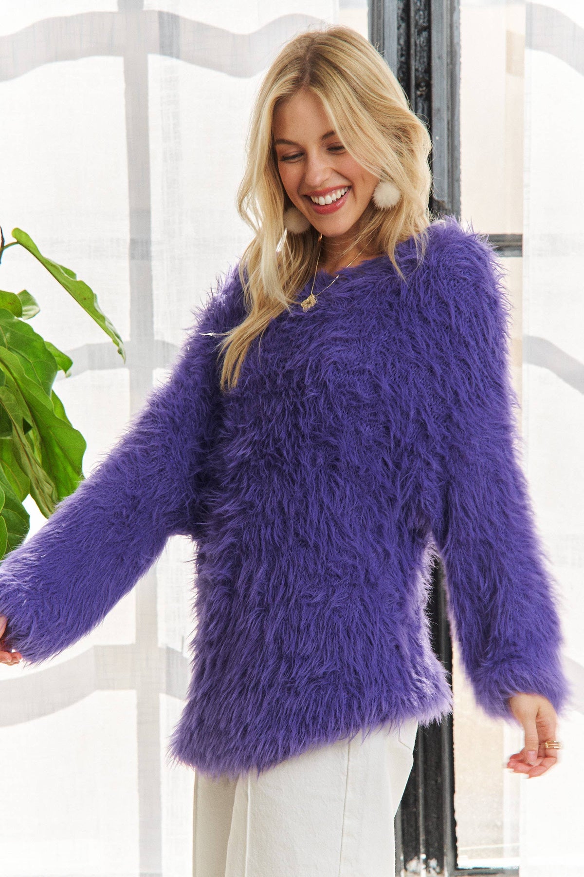 CESW3448A - BOAT NECK SOFT FUZZY SWEATER TOP