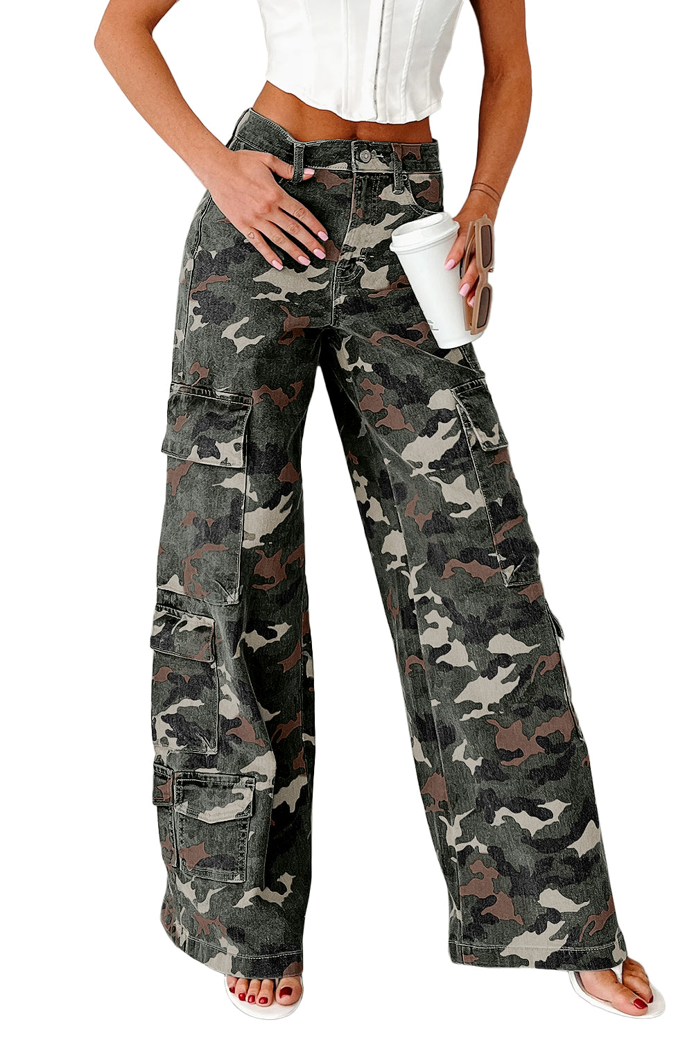 Green Camo Multi Pocket Cargo Wide Leg Jeans
