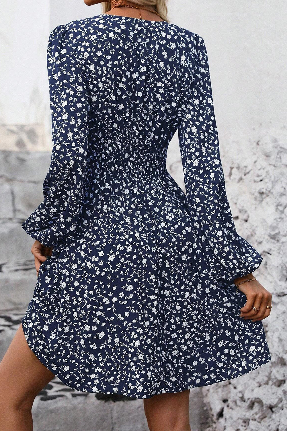 Blue Floral Print V Neck Long Sleeve Mini Dress