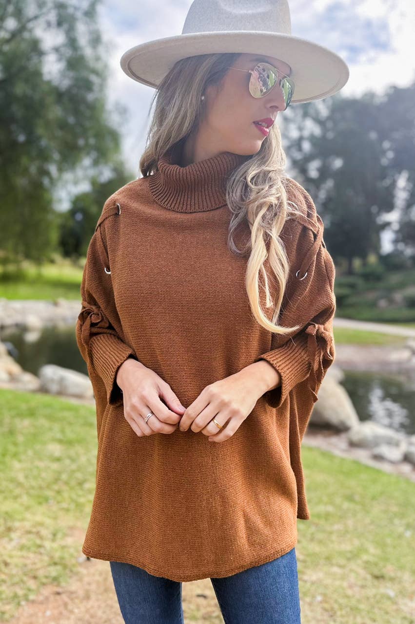 Cognac Lace-Up Sleeve Turtleneck Knitted Poncho Top