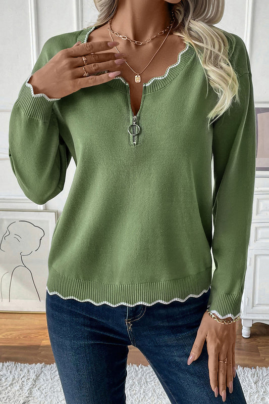 Vineyard Green Solid Color Border Open Zipper Sweater