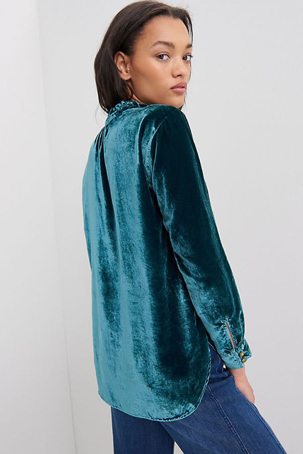 Frilled Buttoned V Neck Velvet Blouse