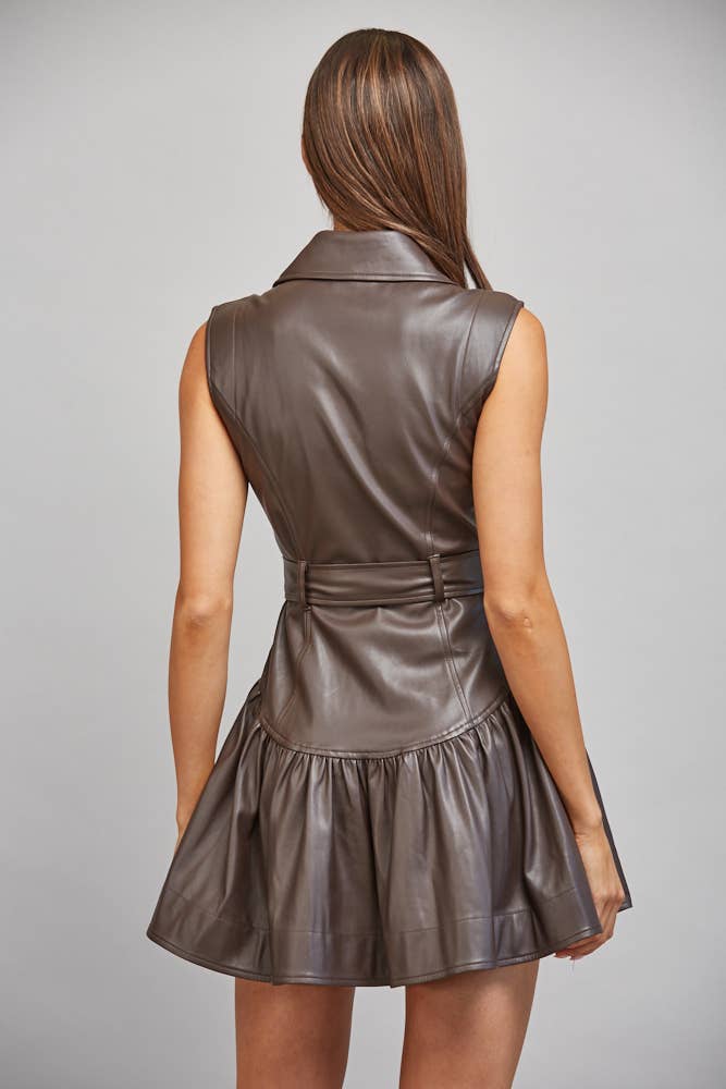 FAUX LEATHER BELTED DROP WAIST DRESS