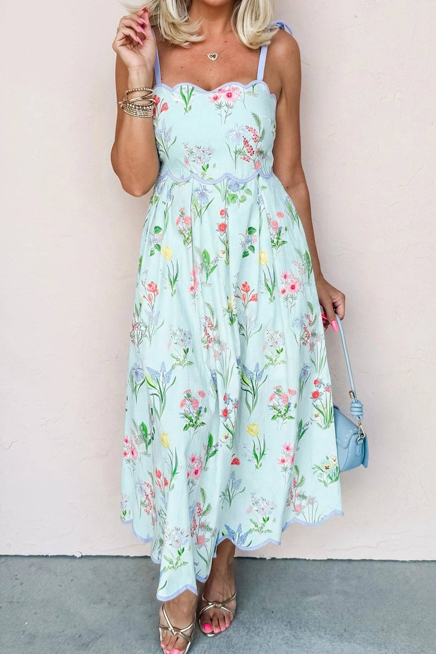 Beige Floral Print Contrast Trim Self-tie Straps Midi Dress