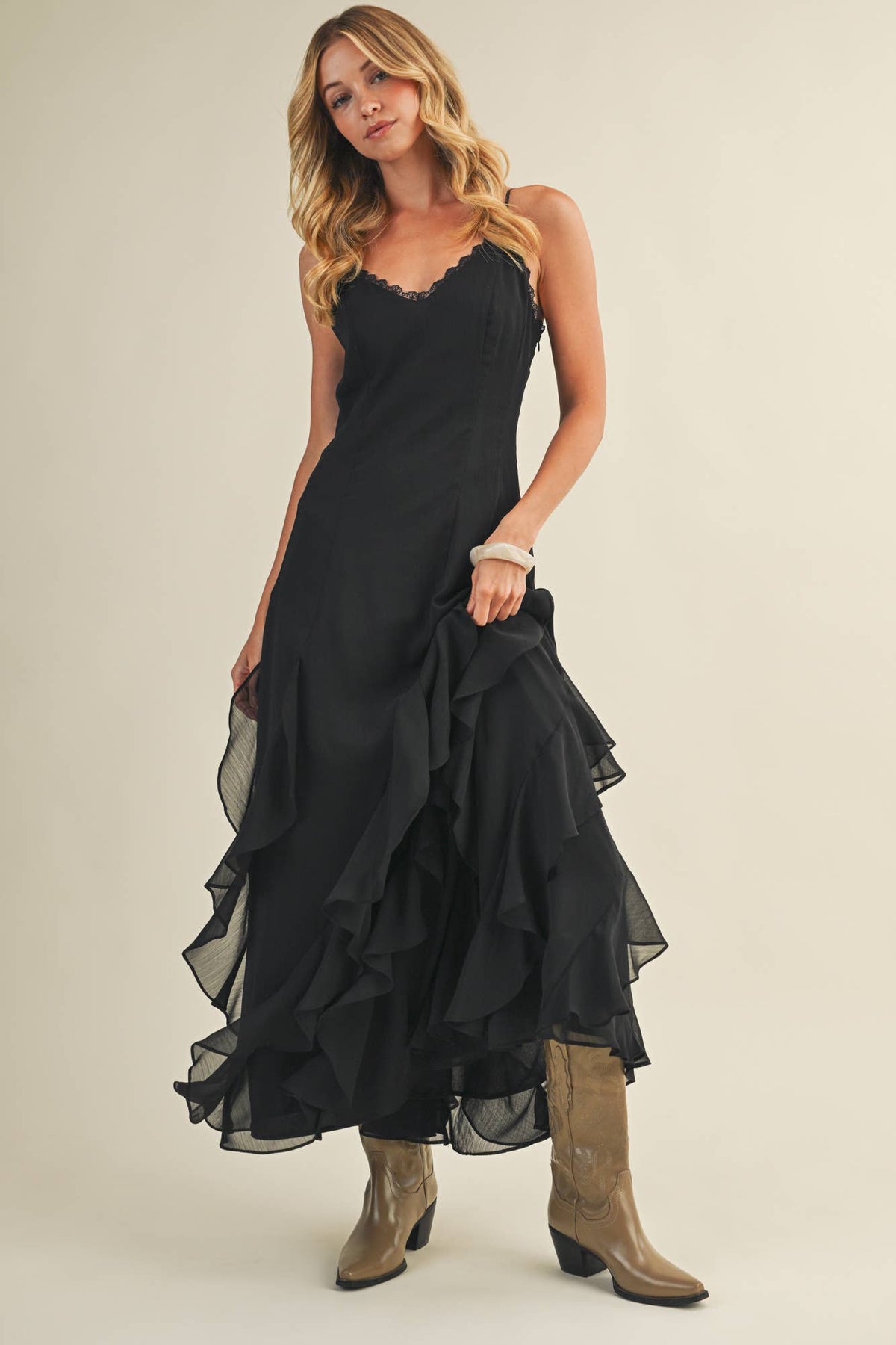 Lace V-Neck Cascading Ruffle Dress