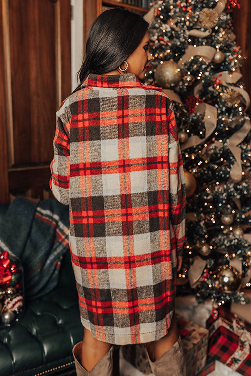 Red Plaid Button Front Side Slit Tunic Jacket