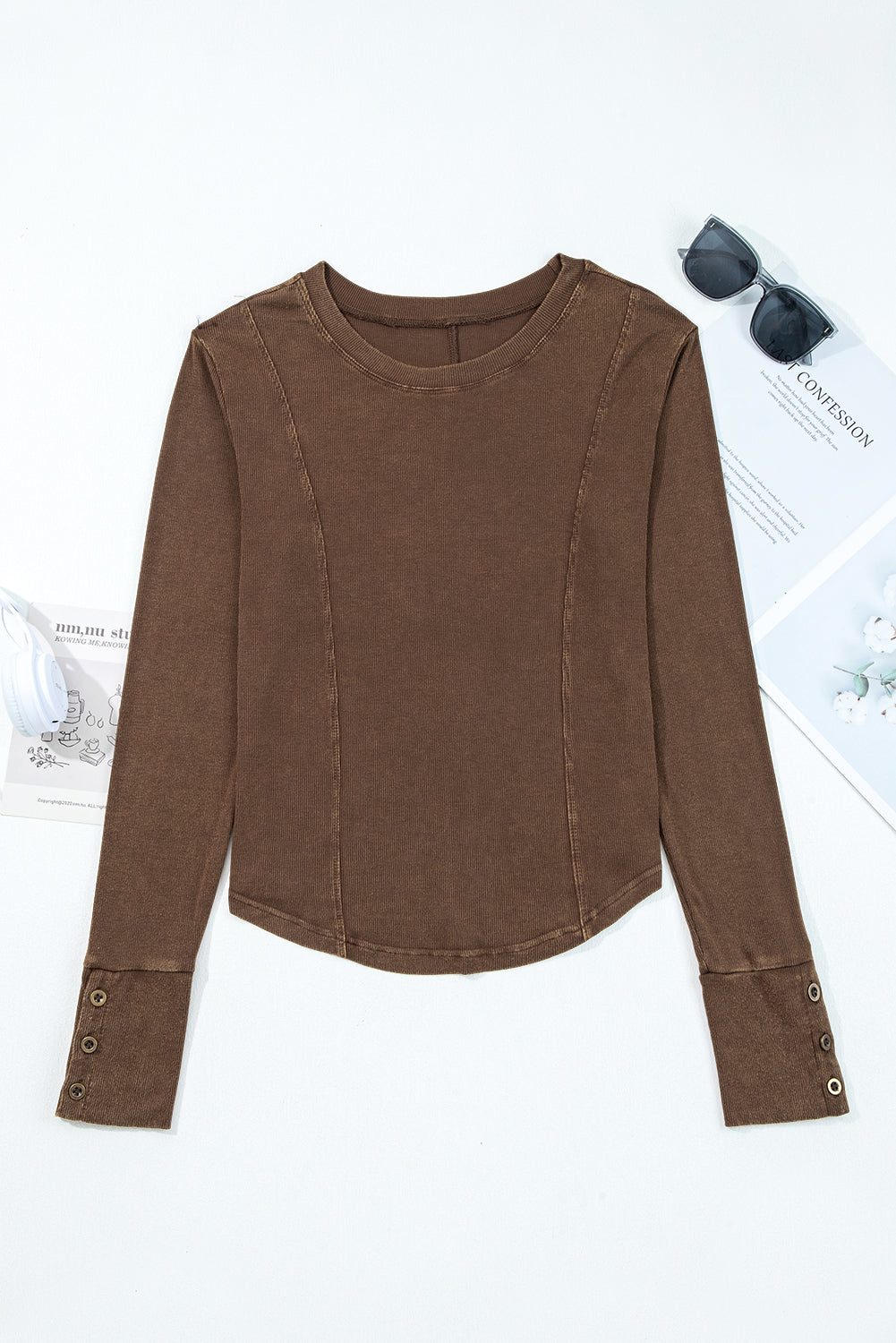 Coffee Exposed Seam Ribbed Long Sleeve Top