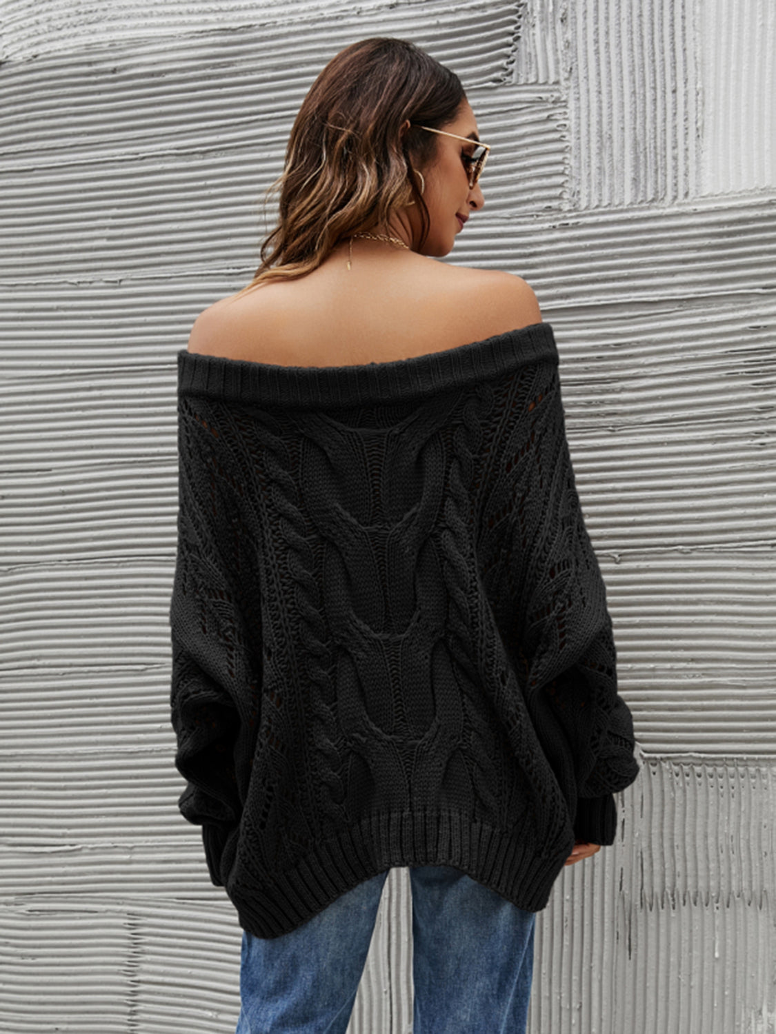 Knit Openwork Off-Shoulder Sweater