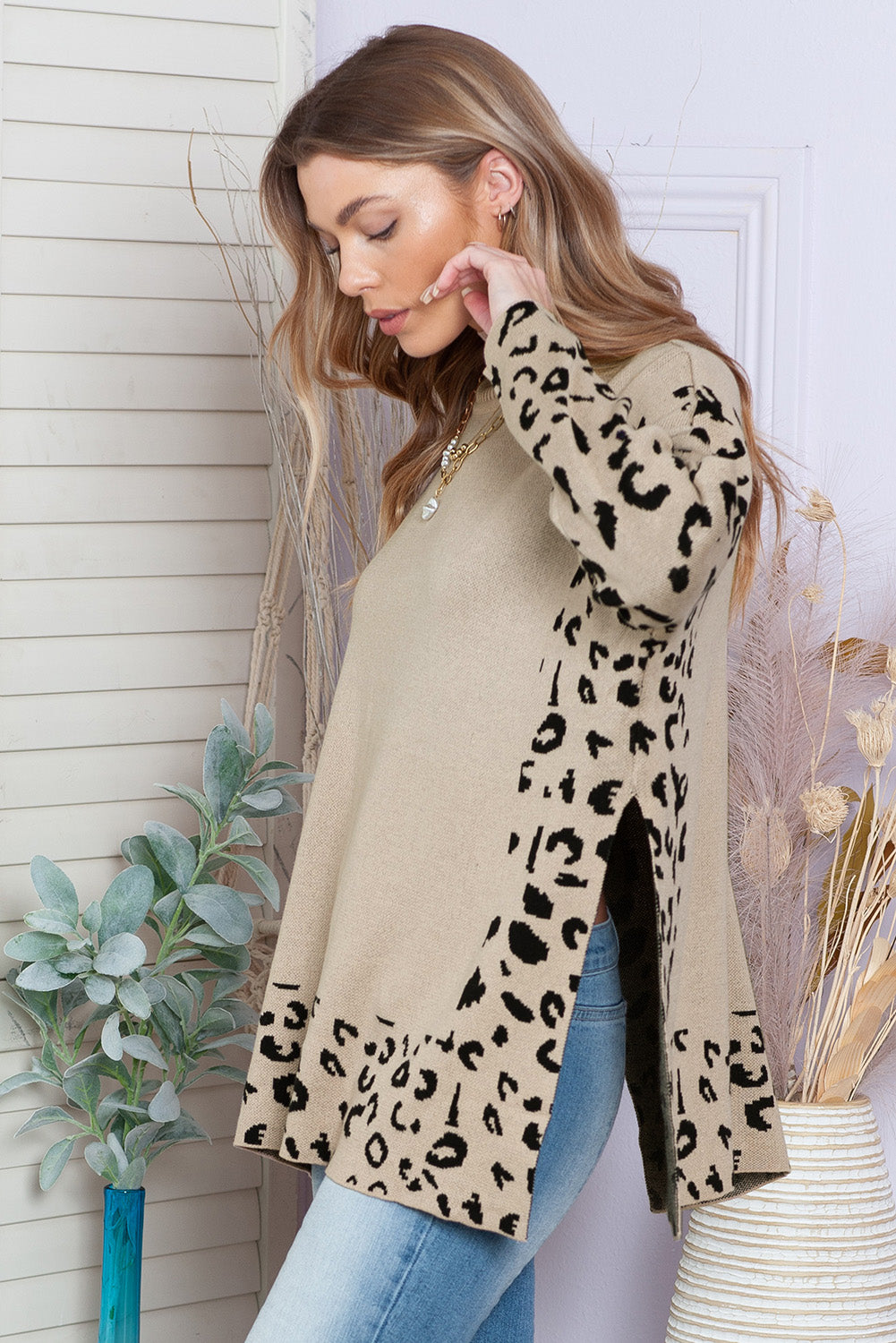 Gray Leopard Casual Side Slit High Neck Oversized Sweater