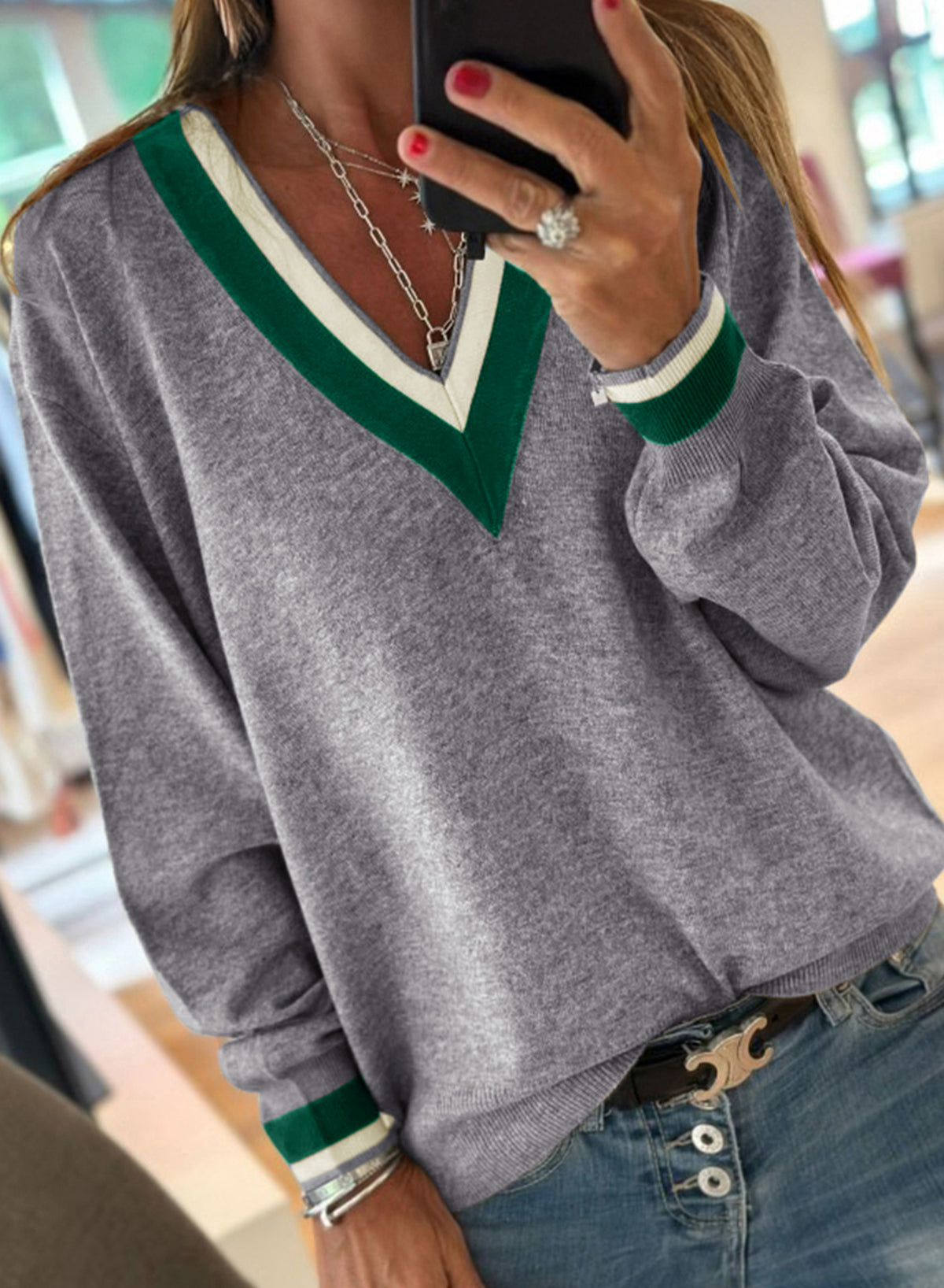Dark Khaki Contrast Striped Trim V Neck Knit Sweater