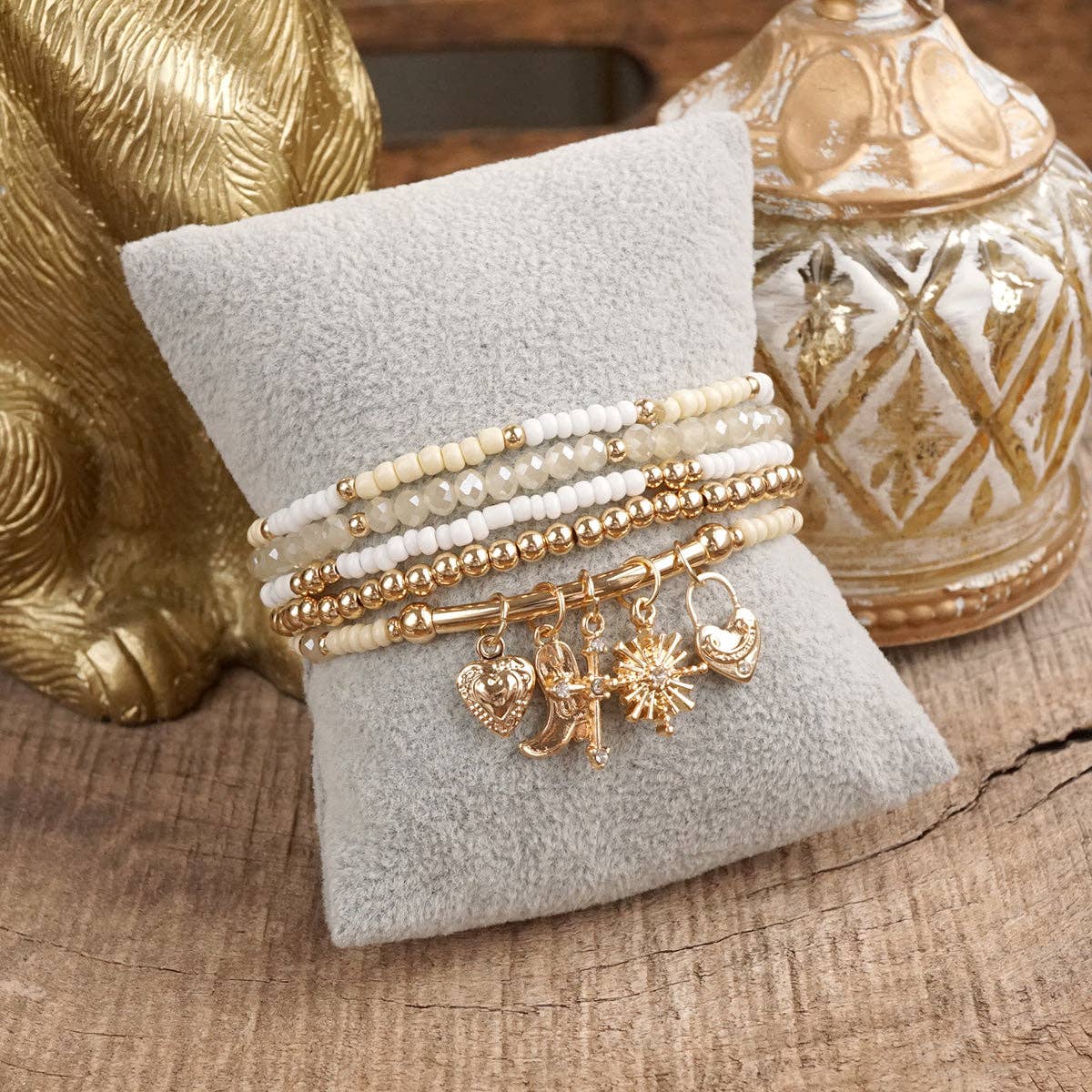 Charmed Whimsy – Set of 5 Mint & White Beaded Bracelets with Golden Charm Bar