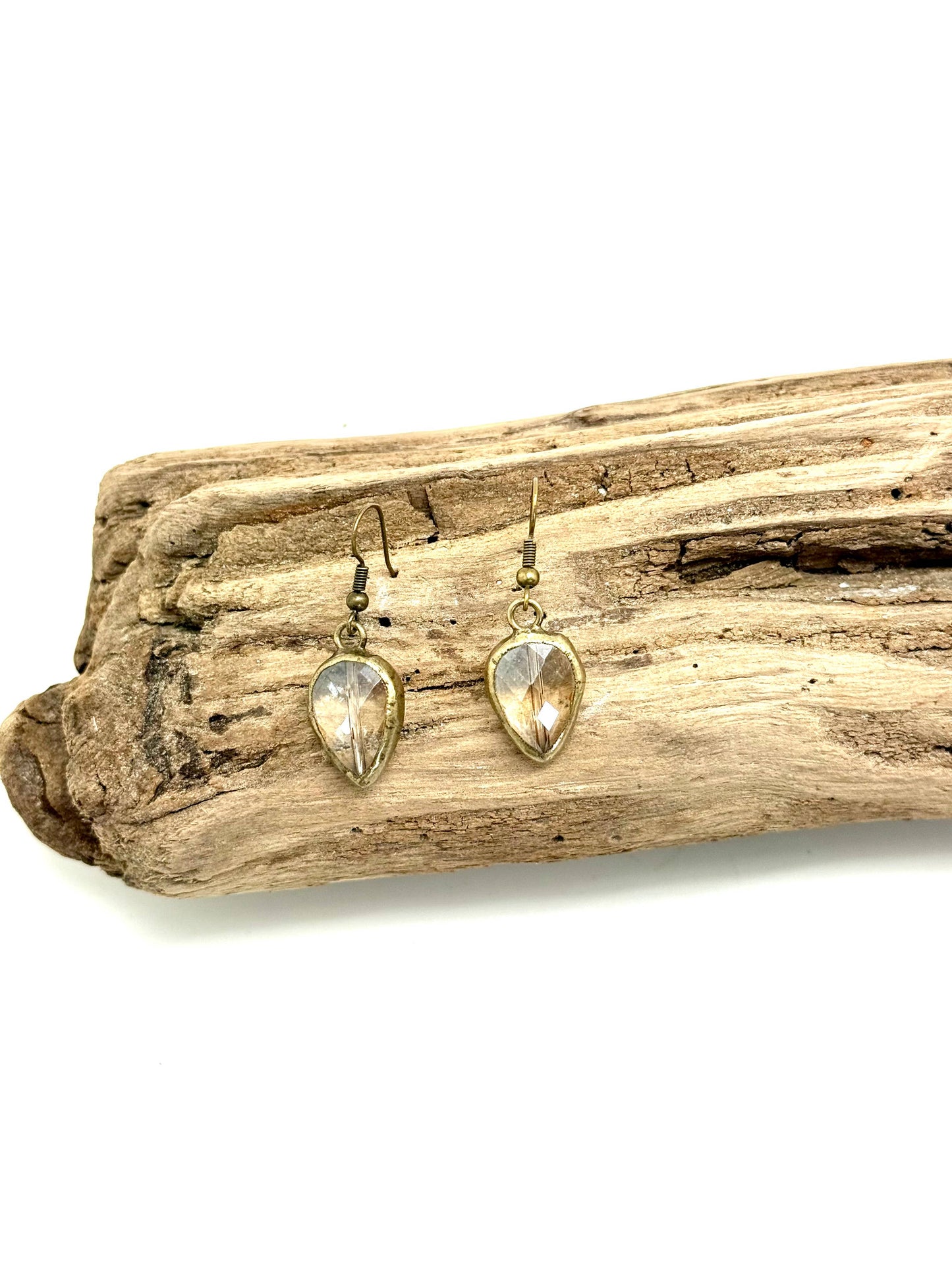 Earring Vintage Style Beveled Glass Teardrop Antique Gold