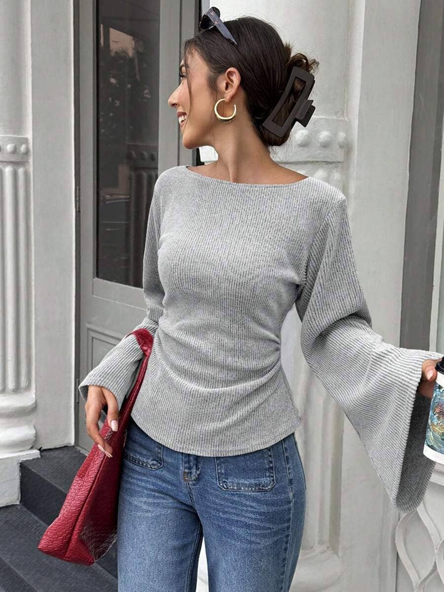 Slim Fit Bell Sleeve Ribbed Knit Top Casual Chic Women's Wear