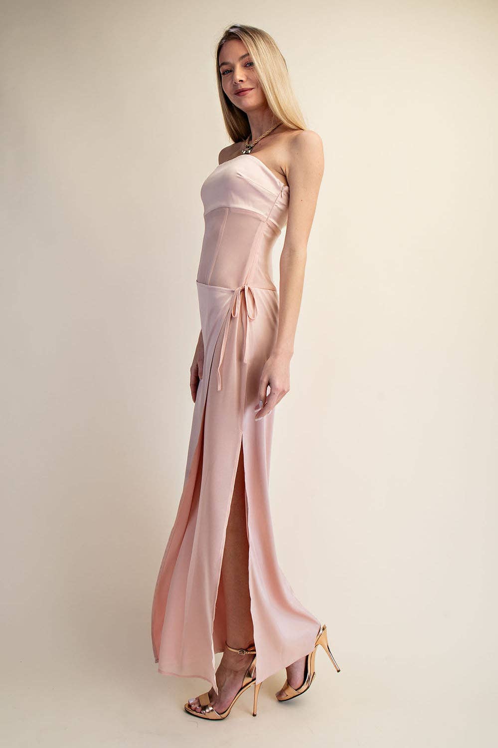 Strapless Satin Wrap Maxi Dress with Side Slit