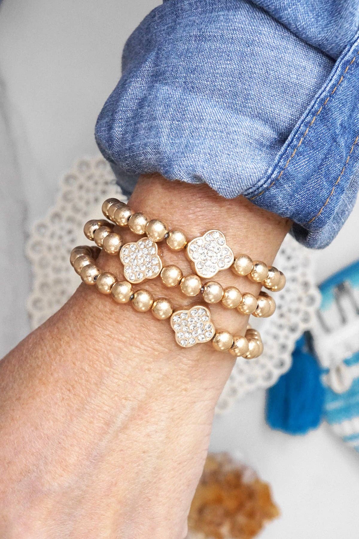 Worn Gold tone Crystal Clover ball beads bracelets stack