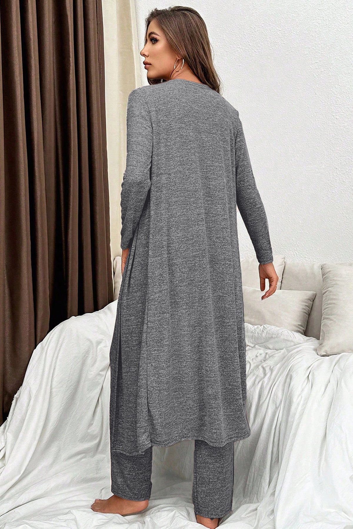 Delicacy 3pcs V Neck T Shirt Ribbon Knot Pants Open Duster 3pcs Lounge Set