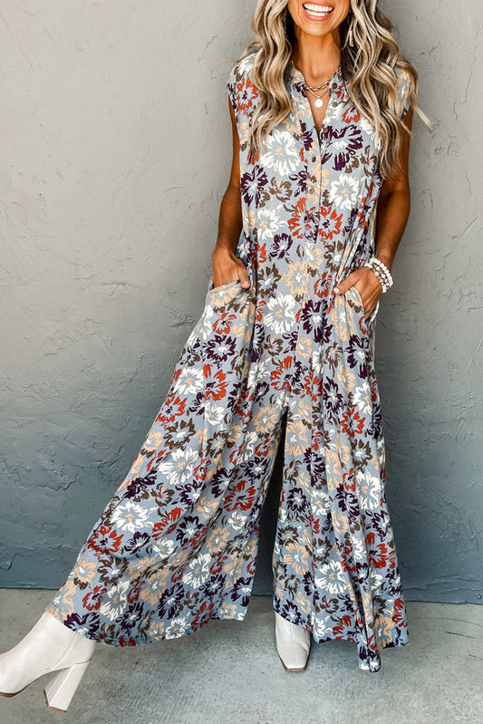 Floral Sleeveless Pocketed Wide Leg Jumpsuit