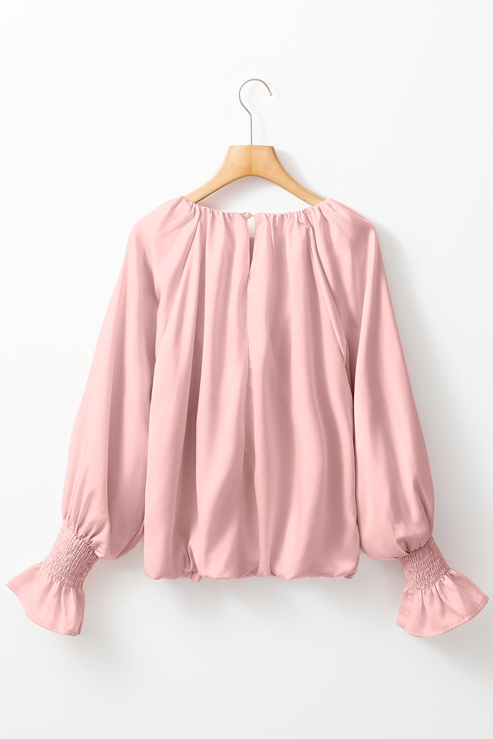 Pink Pleated Round Neck Smocked Cuffs Satin Blouse