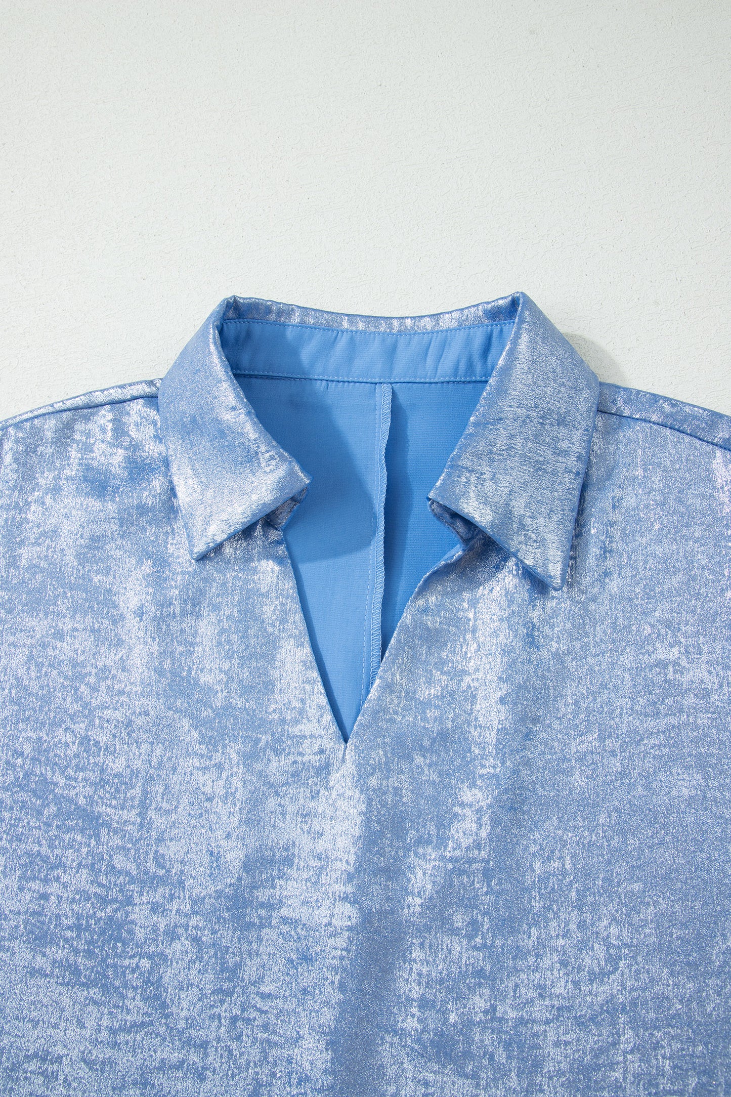 Clearly Aqua Collared V Neck Half Sleeve Metallic Top
