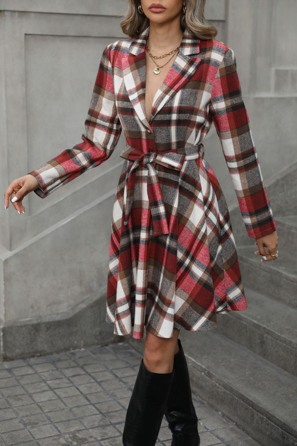 Tie Waist Long Sleeve Plaid Outerwear