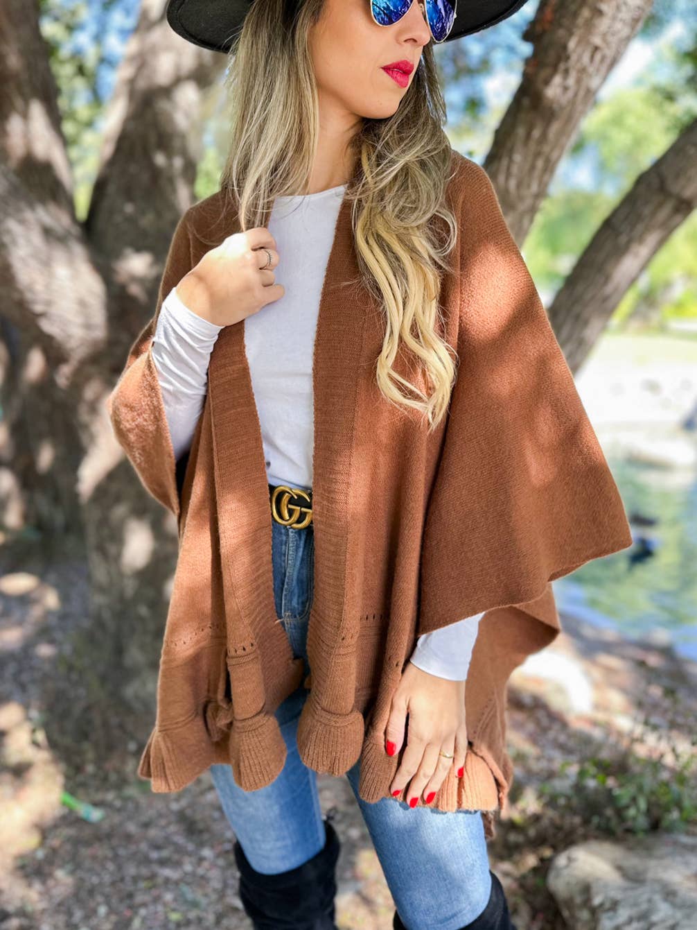 Elegant Brown Ruffled Knit Cape Shawl Ruana