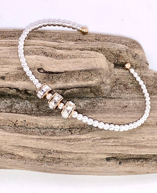 Cuff Alloy Plated 3mm Bead w/Glass Beveled Glass 7-8”