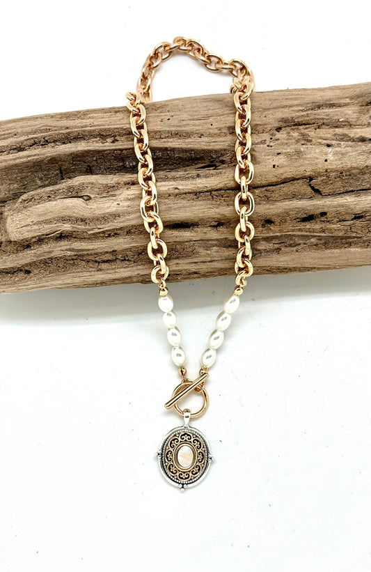 AlloyPlated GoldChain w/PearlGlass,MotherofPearl18”
