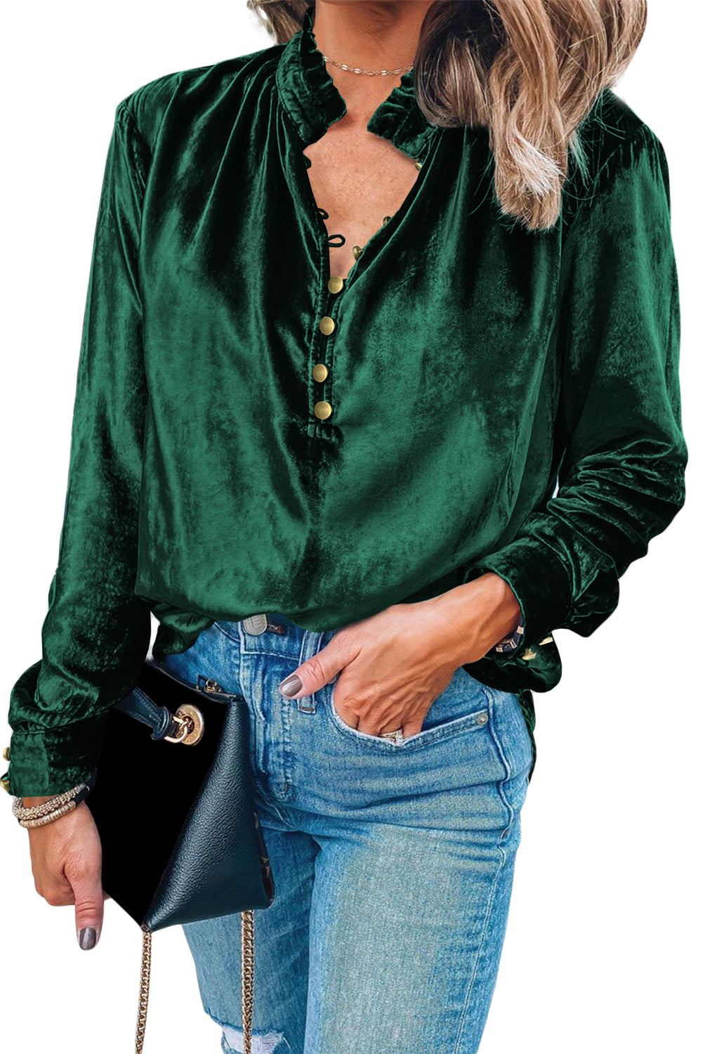 Frilled Buttoned V Neck Velvet Blouse