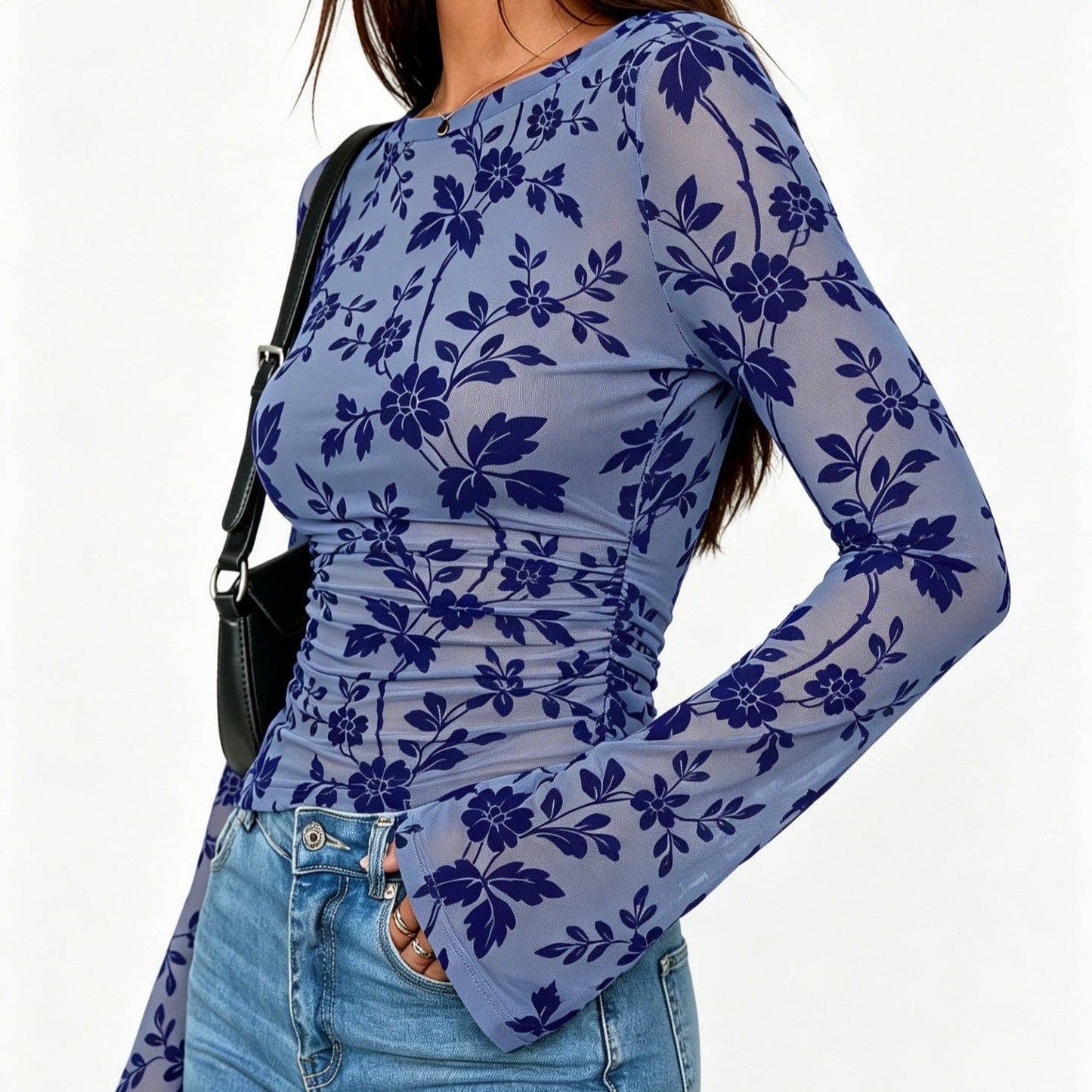 Floral Mesh Top Boutique Bell Sleeve Ruched Fitted Blouse