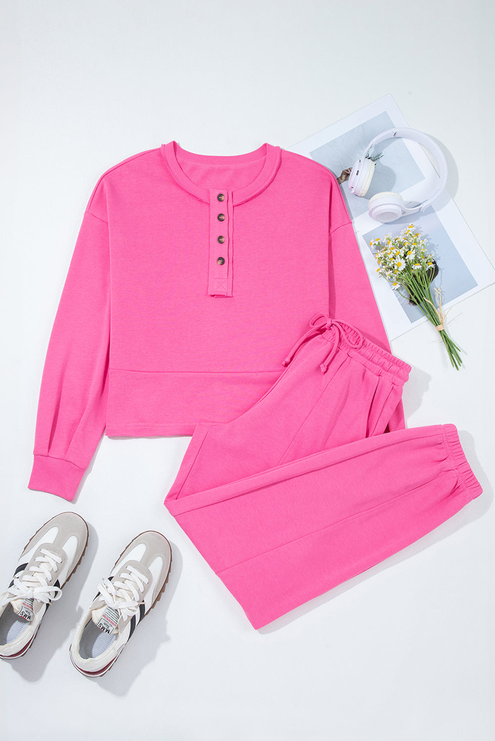 Bright Pink Raw Edge Henley Pullover and Jogger Pants Set