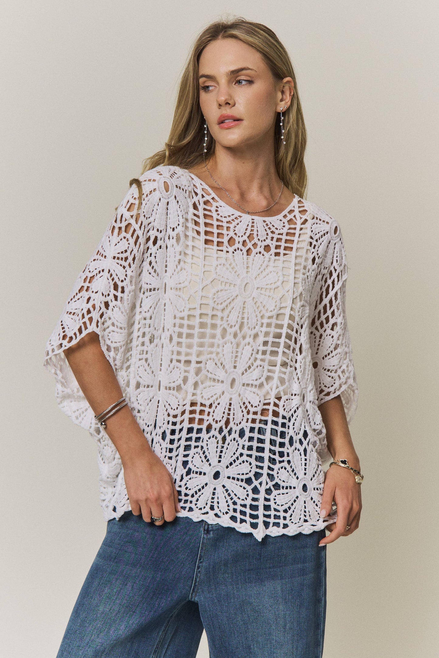 FLORAL CROCHET OPEN-KNIT TOP