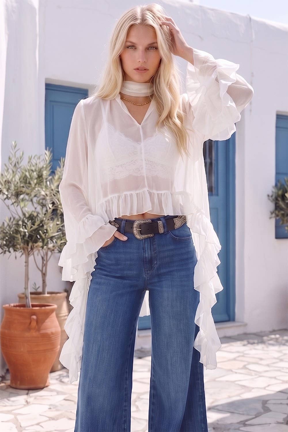 RUFFLED BLOUSE WITH MOCK NECK AND LONG ASYMMETRICAL SIDES