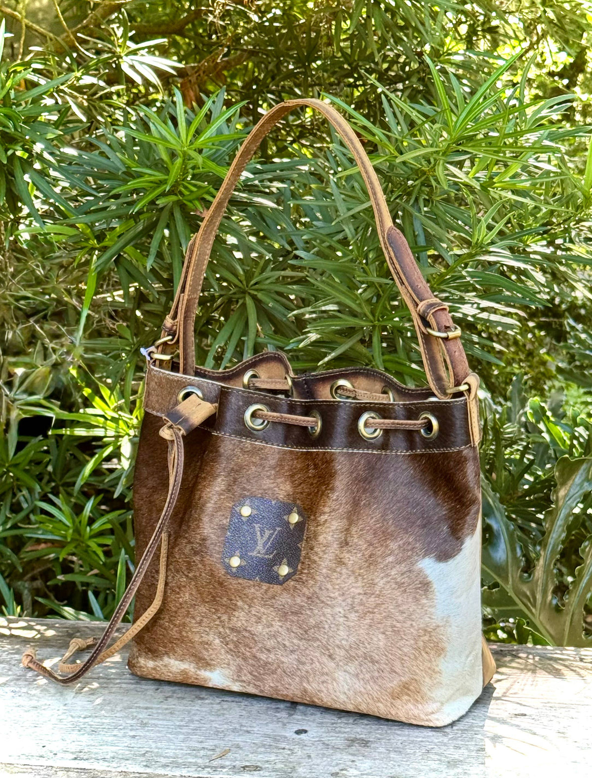 Upcycled LV Cowhide Leather Bucket Crossbody Shoulder Bag