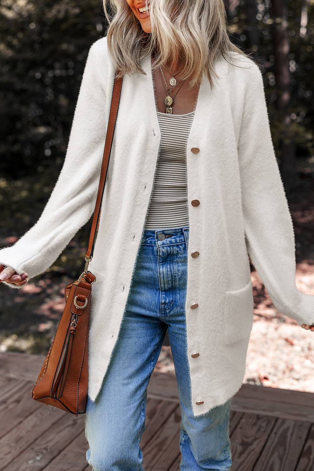 Smoke Gray Fuzzy Buttoned Front Midi Solid Cardigan