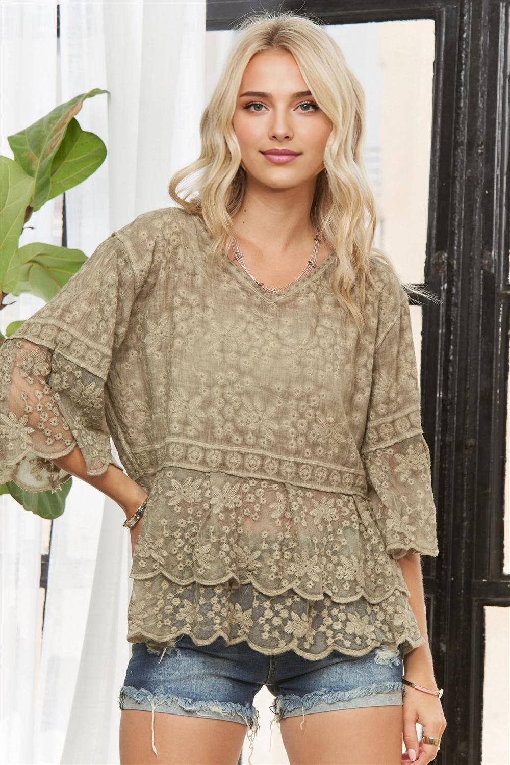 BELL SLEEVES LACE BLOUSE SCALLOP EDGE - CET3907
