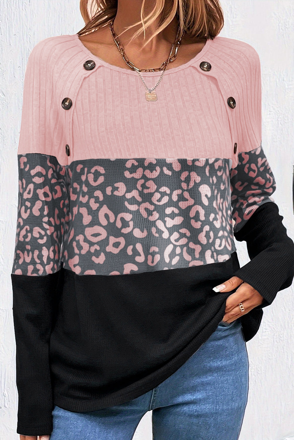 Pink Patchwork Button Decor Round Neck Top