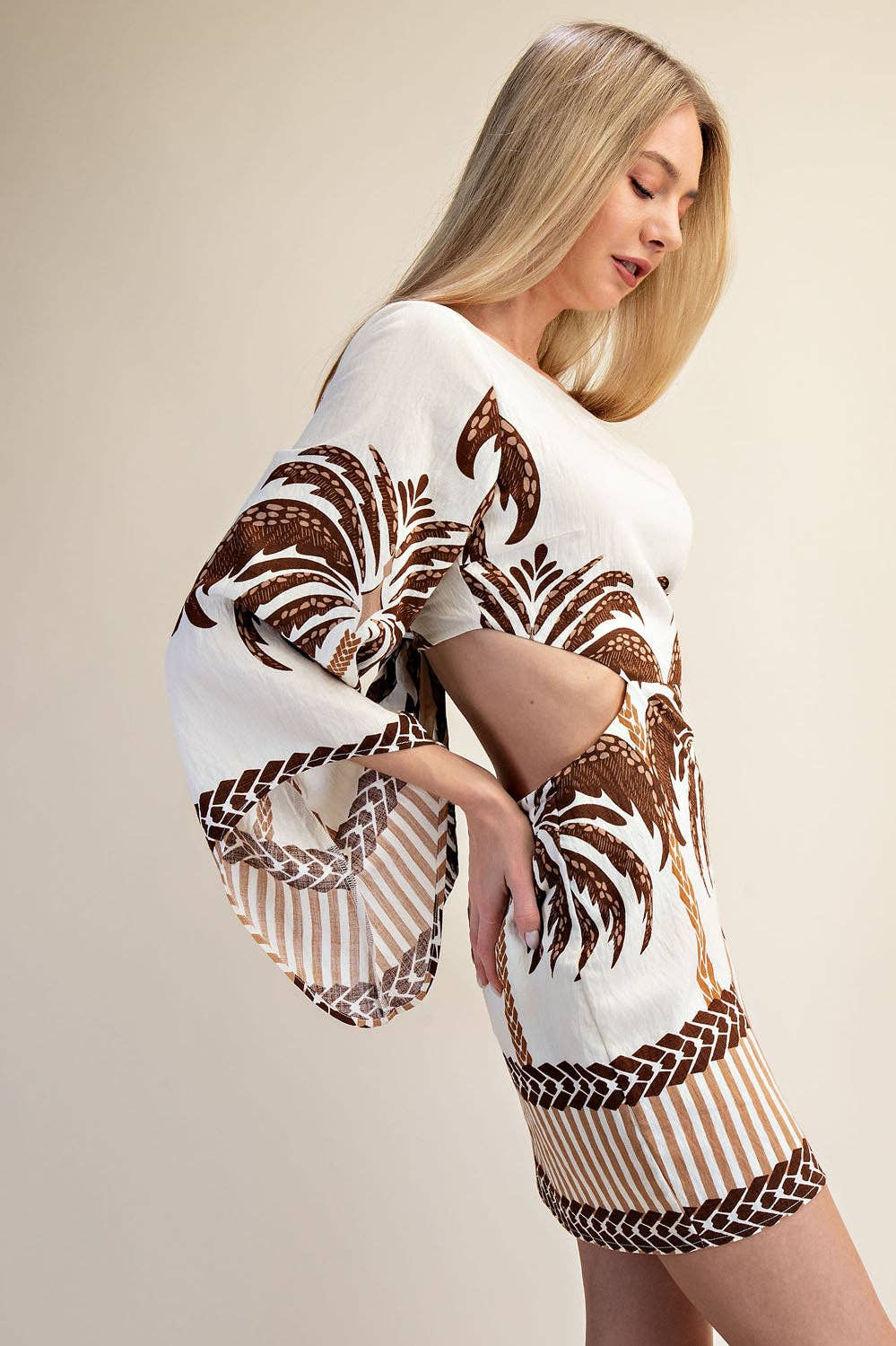 Open Back Long Sleeve Palm Tree Print Mini Dress - Brown
