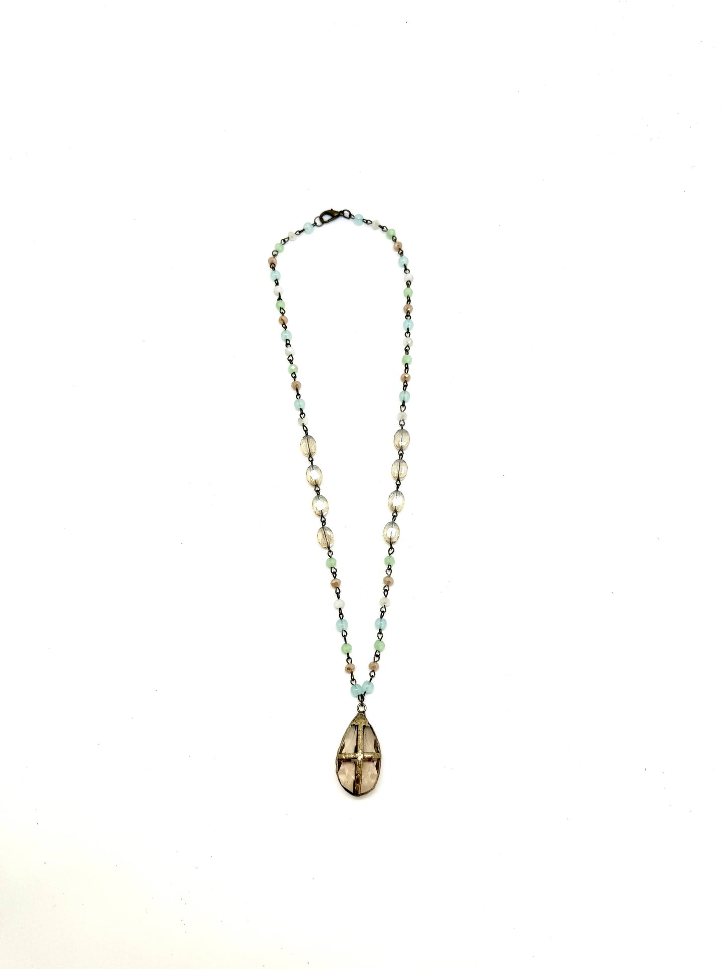 Necklace Light Multi Glass(6mm)w/Beveled Glass w/Cross 24”