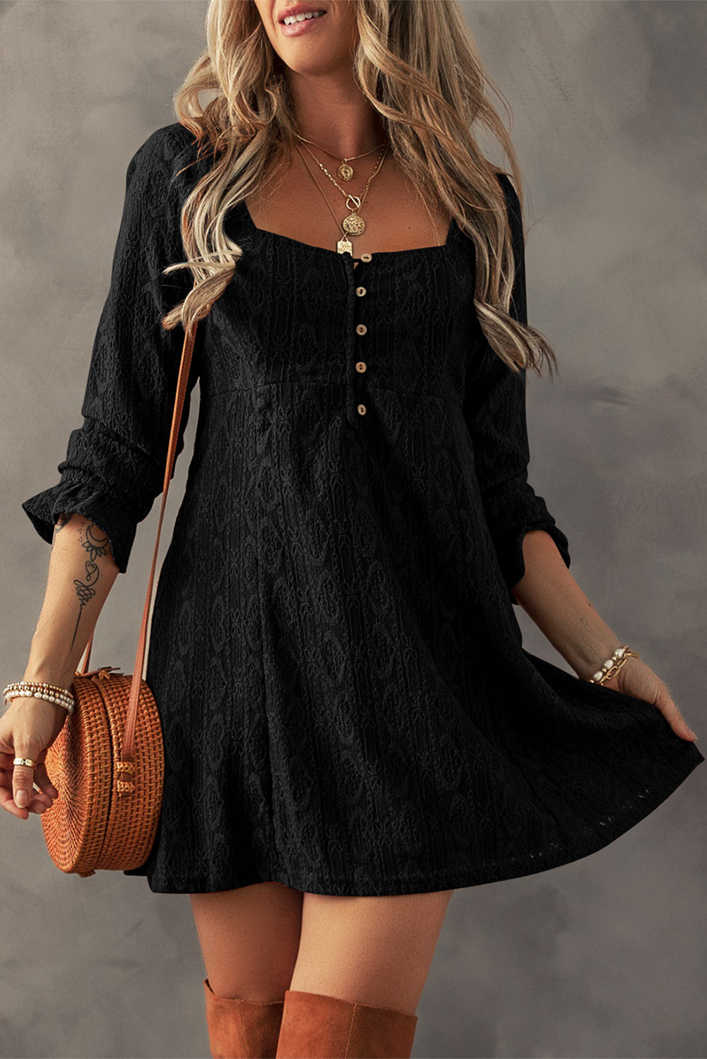 Lace Crochet Buttoned Square Neck Mini Dress