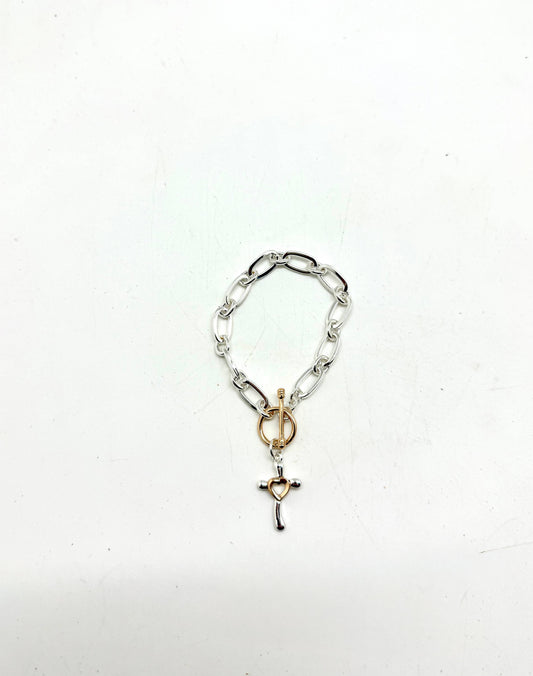 Bracelet Alloy Plated  Sil. Chain w/Multi Metal Cross/Toggle