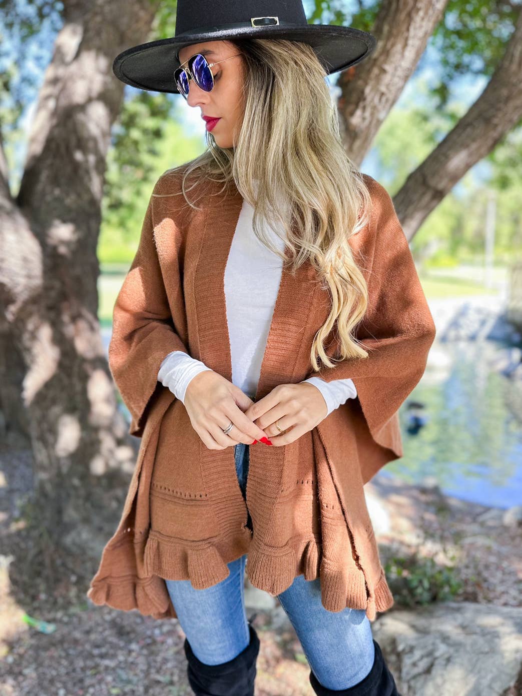 Elegant Brown Ruffled Knit Cape Shawl Ruana