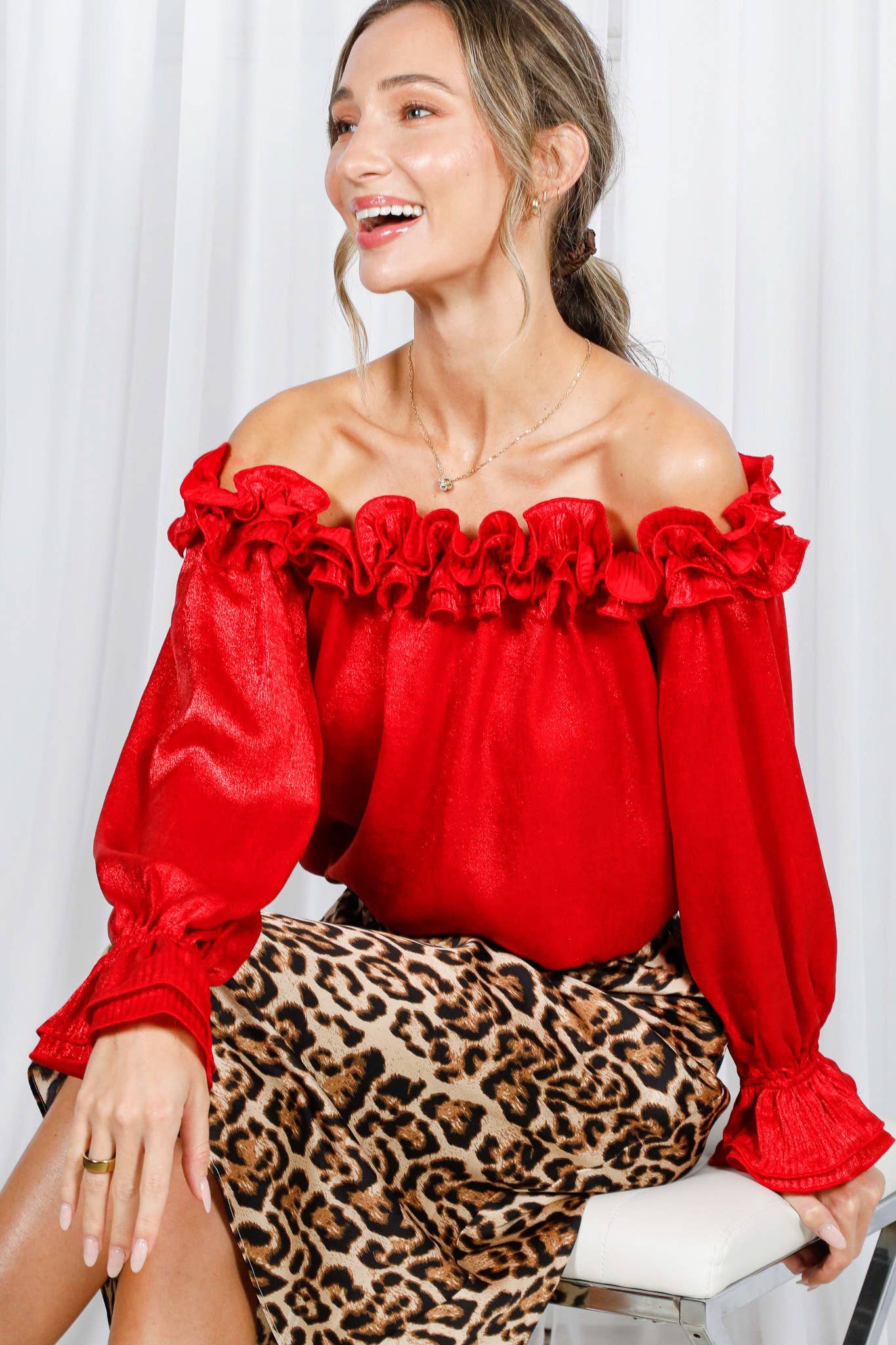 Pleated Ruffle Off-The-Shoulder Metallic Blouse