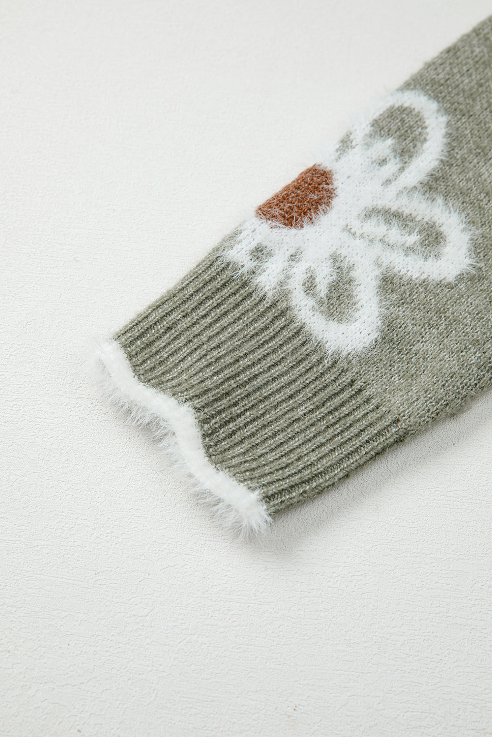 Smoke Gray Jacquard Floral Scallop V-neck Sweater